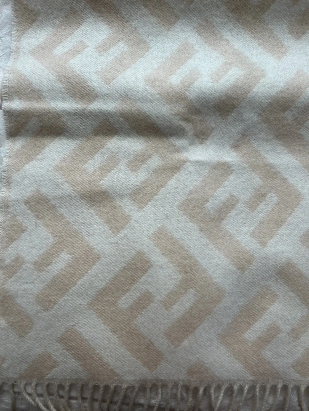 7031. Fendi 100% Cashmere Beige & Ivory Logo Fringe Scarf/Wrap - Picture 11 of 11